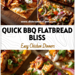 Healthy Flat Bread Pizza with BBQ chicken pieces, colorful veggies, and fresh parsley on a baking tray.